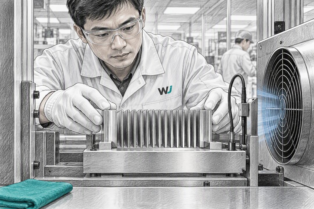 Engineer positioning heat sink for thermal testing