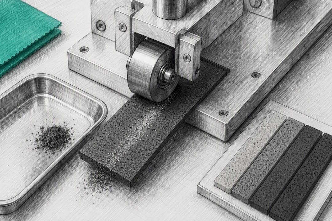 Urethane strip undergoing abrasion testing