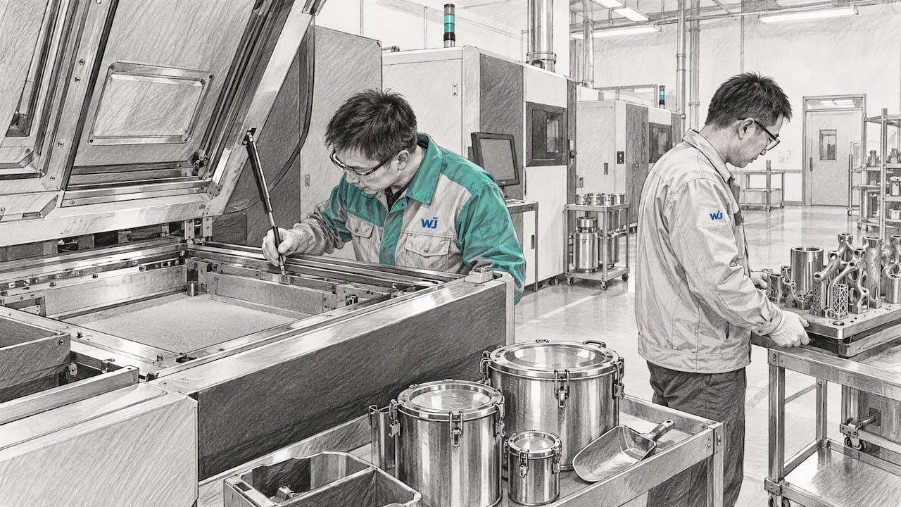 Chinese engineers inspecting DMLS metal build chamber