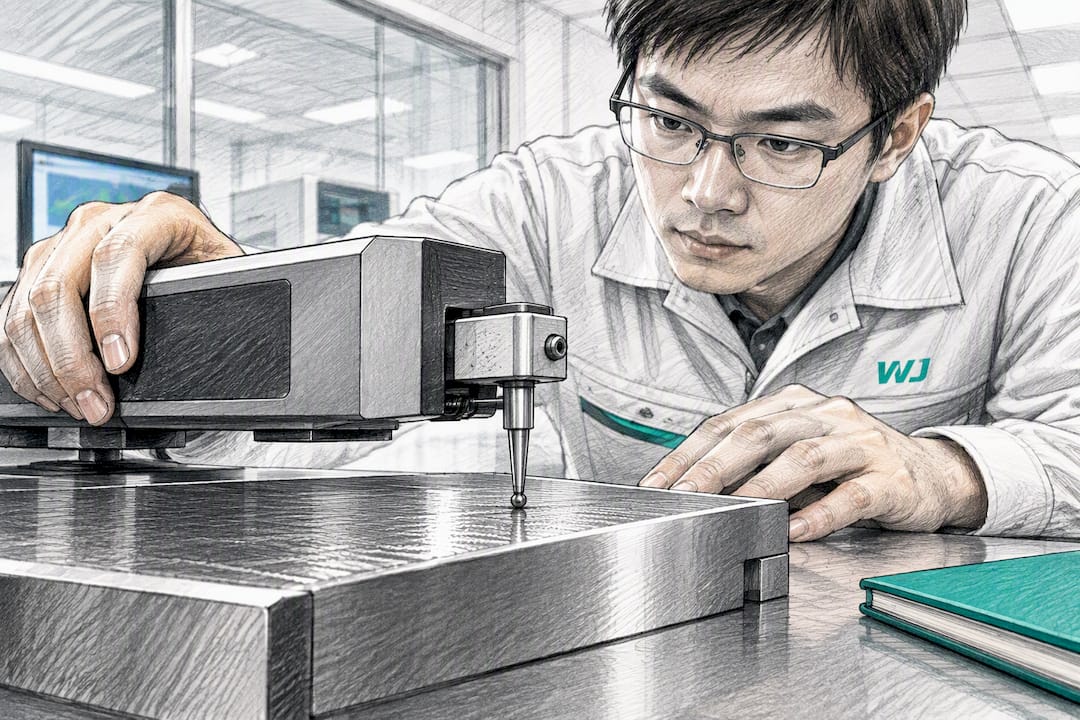 Engineer measuring machined surface with profilometer
