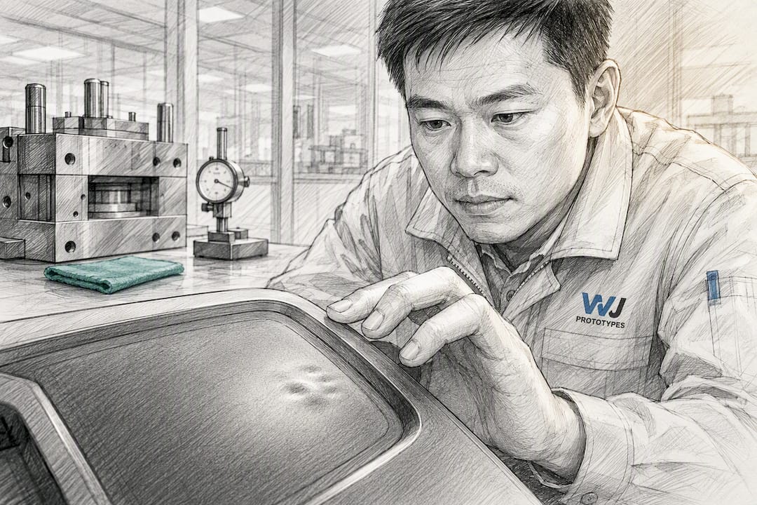 Engineer inspecting a molded plastic sink mark