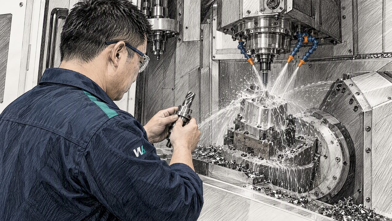 Machinist checking coolant cutting titanium