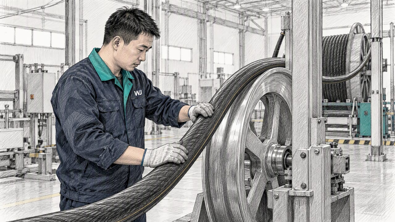 Engineer guiding cable around a pulling sheave