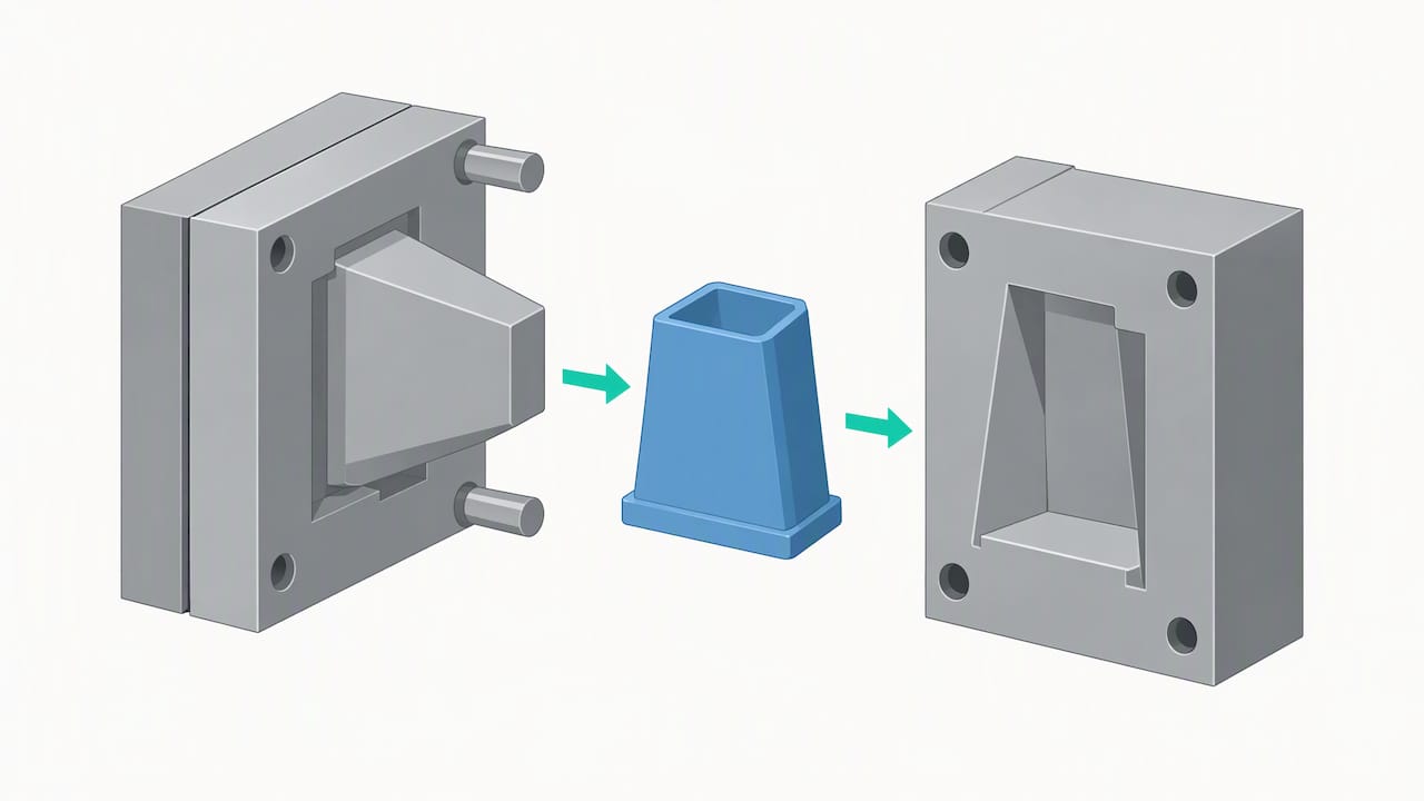 Core and cavity mold faces releasing a drafted part