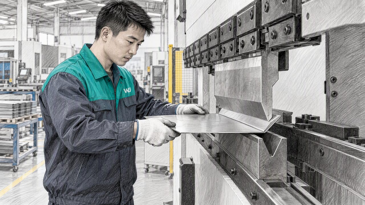 Engineer forming sheet metal on a press brake