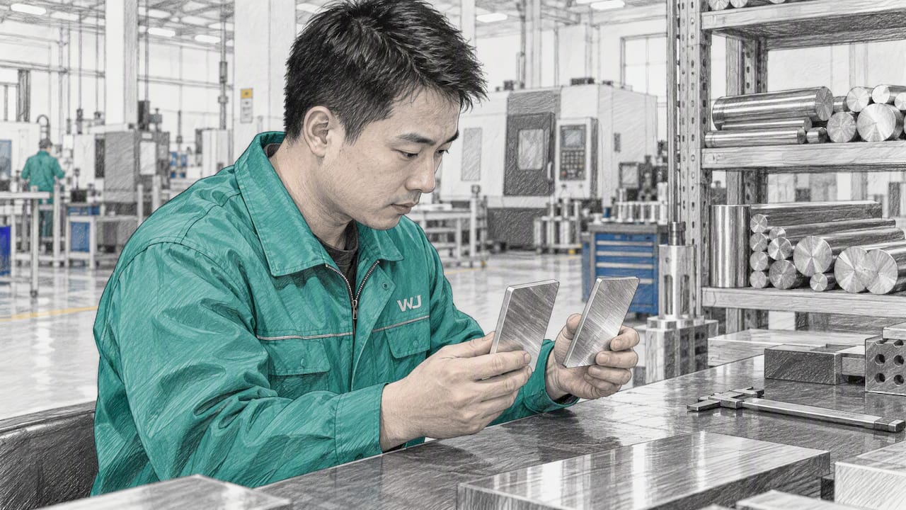 Engineer comparing two stainless steel samples