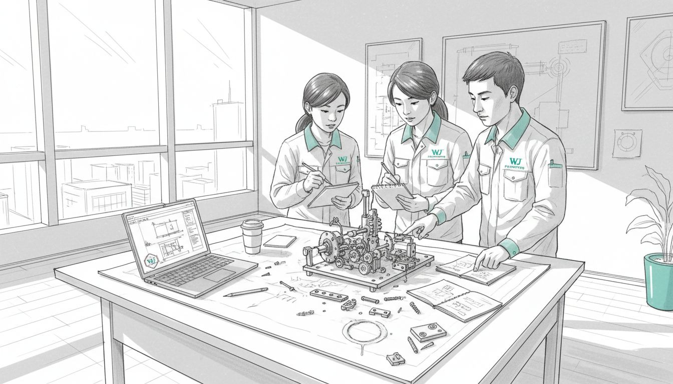 Engineers reviewing prototype at office table