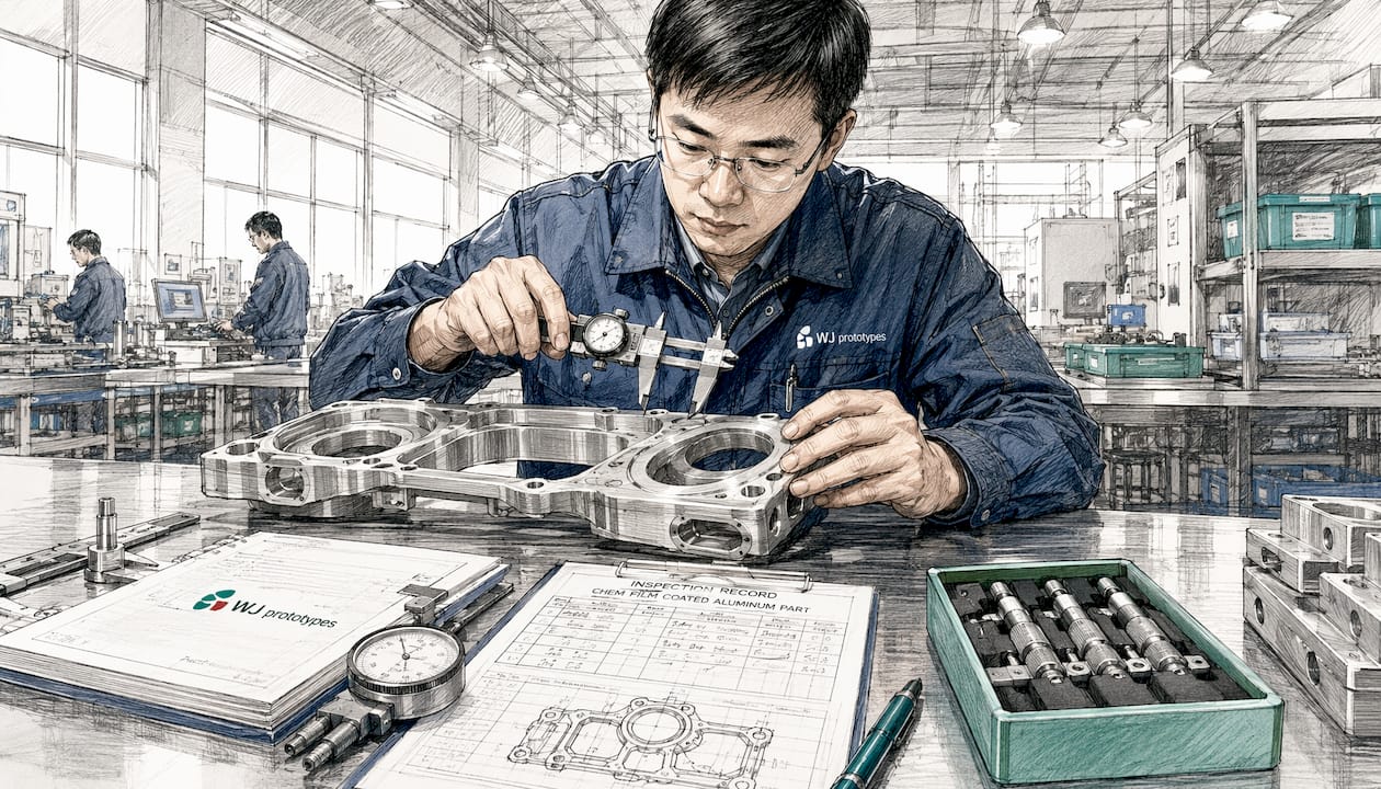 Chinese engineer inspecting chem film aluminum part in ISO factory