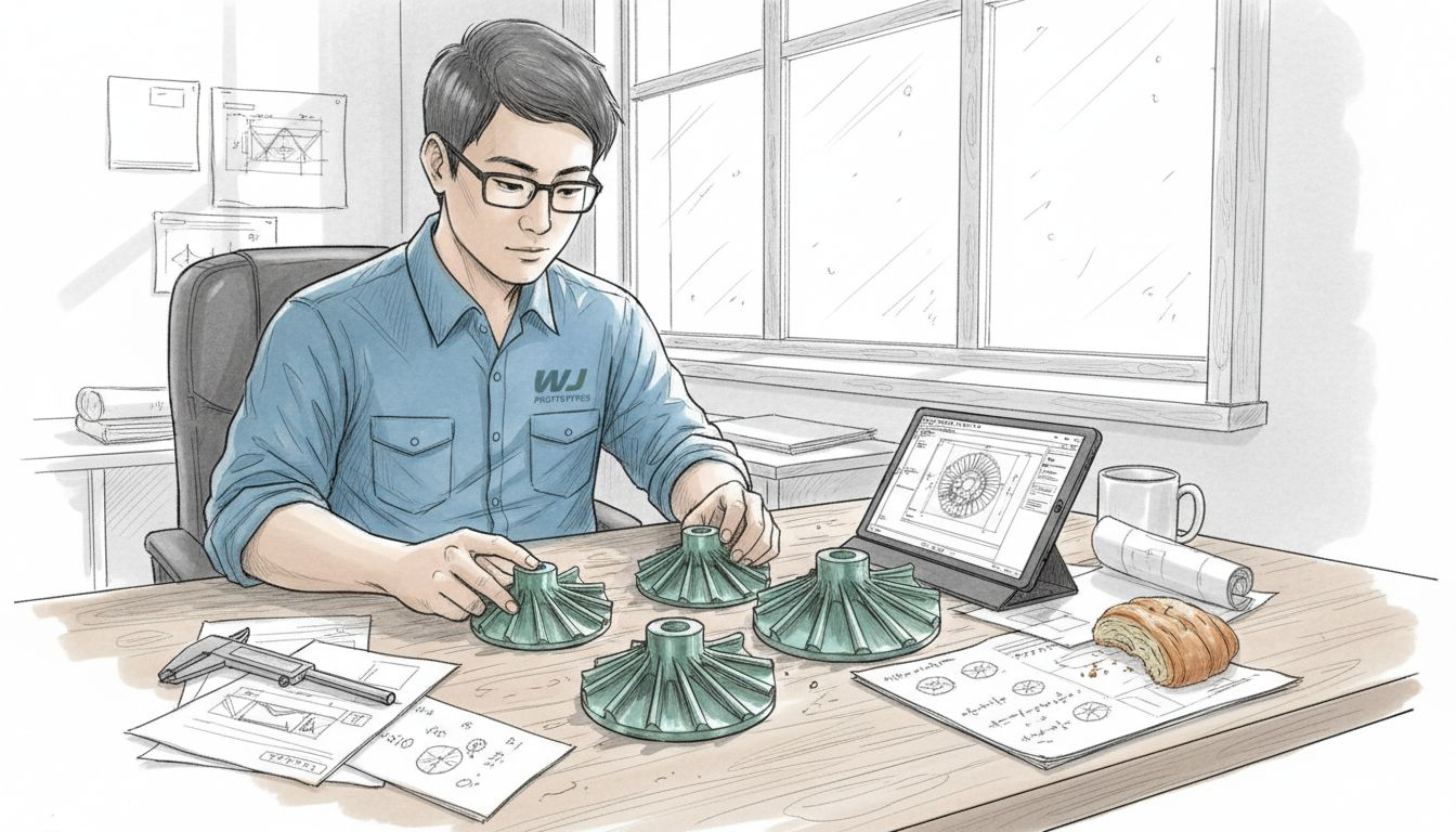 Engineer examines 3D printed metal turbine blades