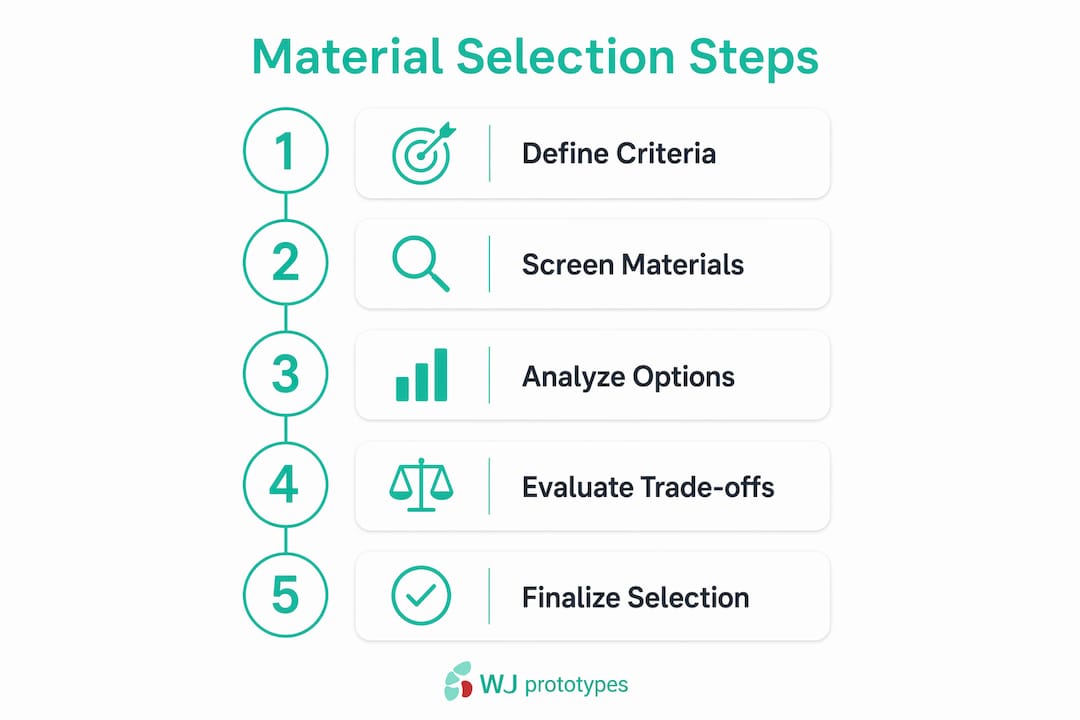 Infographic illustrating material selection process steps