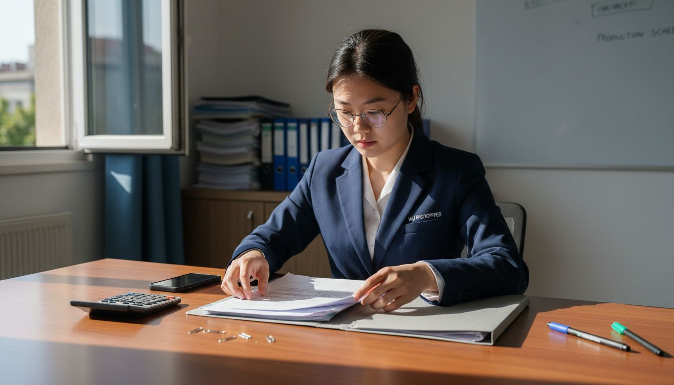 Woman organizing RFQ documents at meeting table