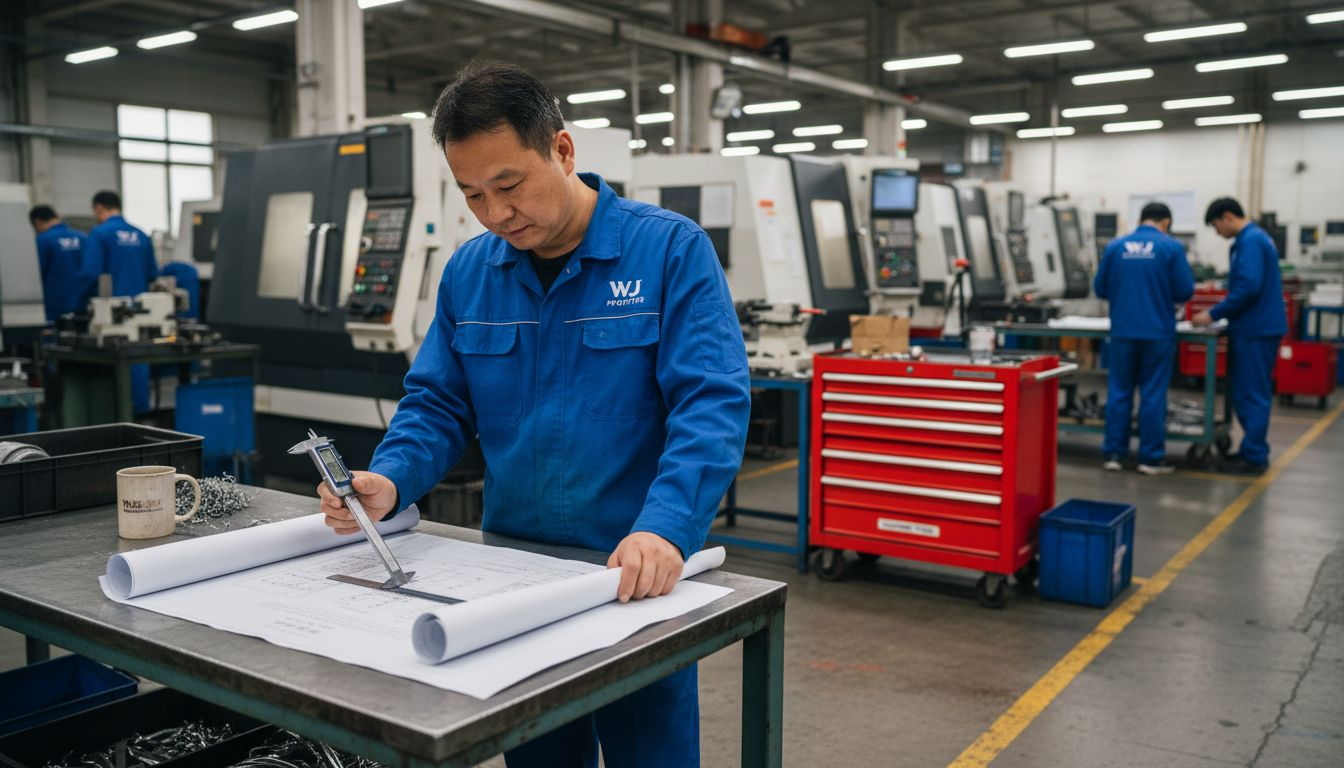 Engineer reviewing CNC machining blueprints in workshop