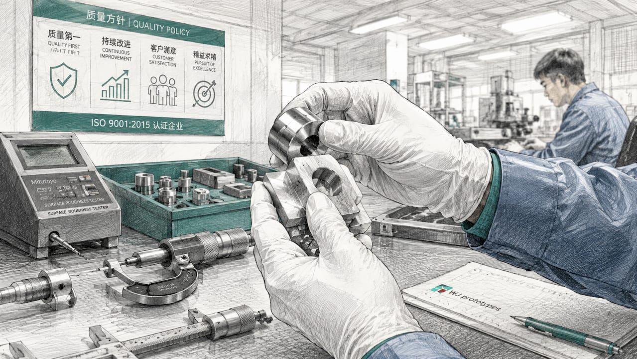 Close-up hands holding machined parts with different finishes