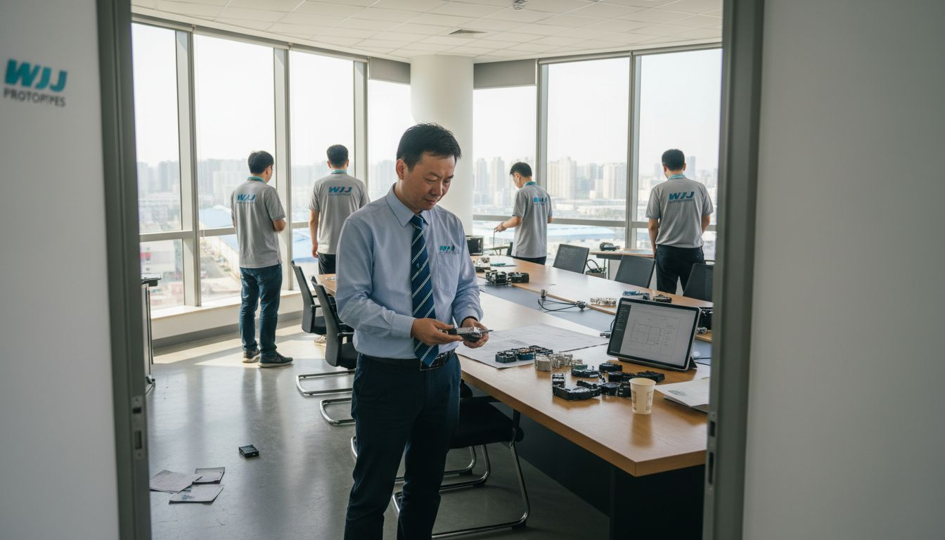 Manager reviewing prototypes in busy office