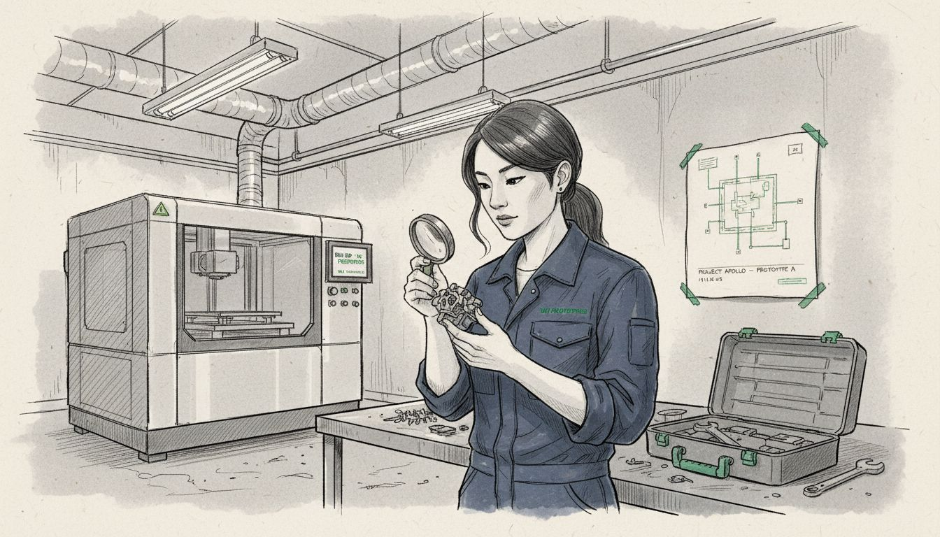 Engineer inspecting DMLS metal prototype in workshop