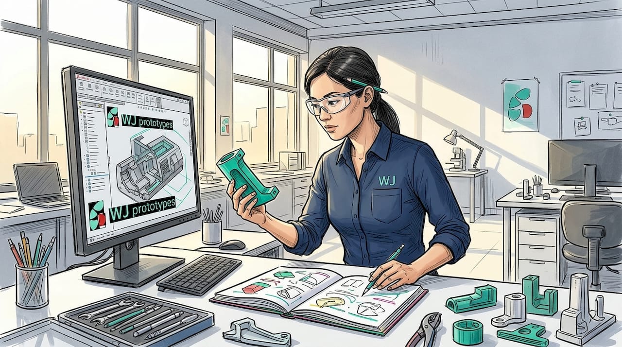 Engineer reviews CAD model with 3D print part