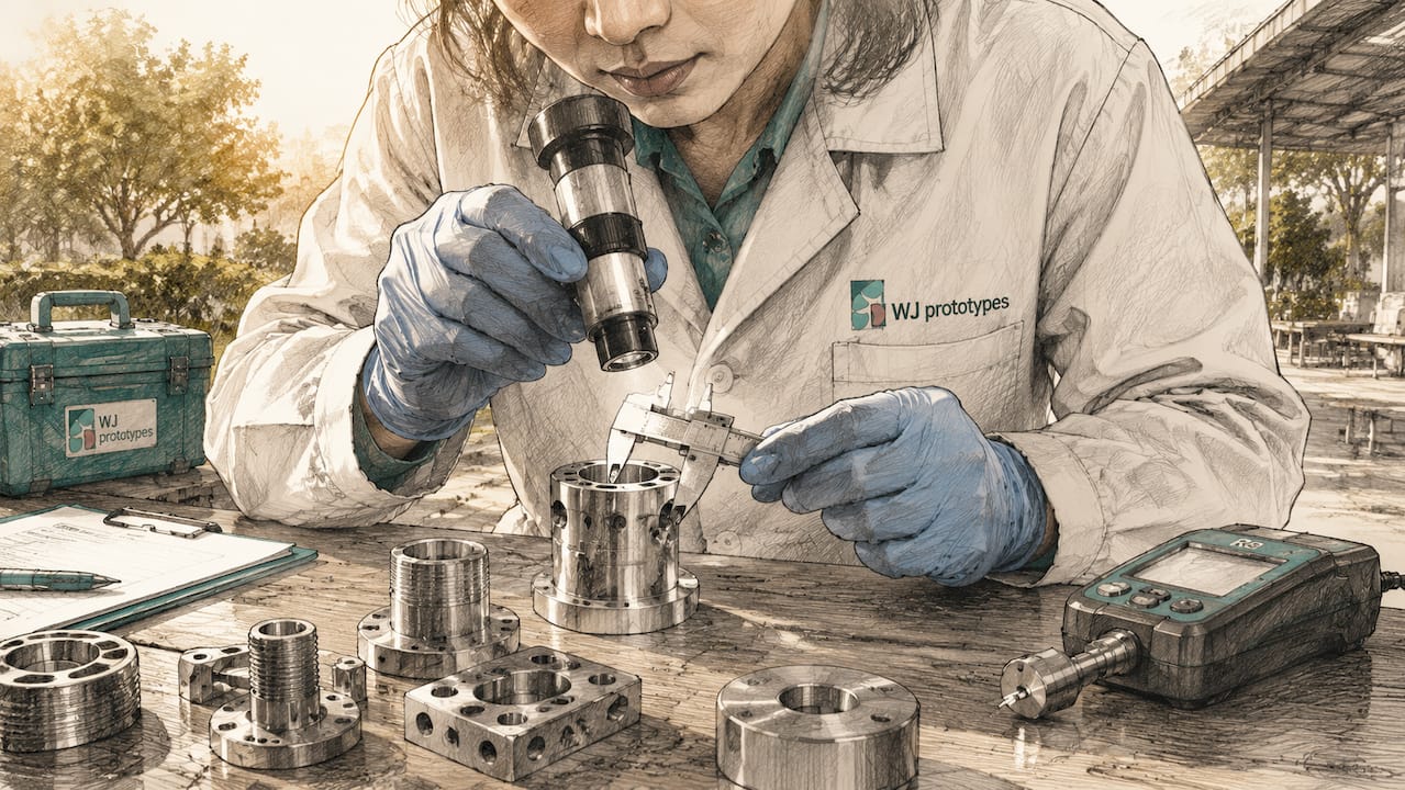 Inspector examining finished metal part with microscope
