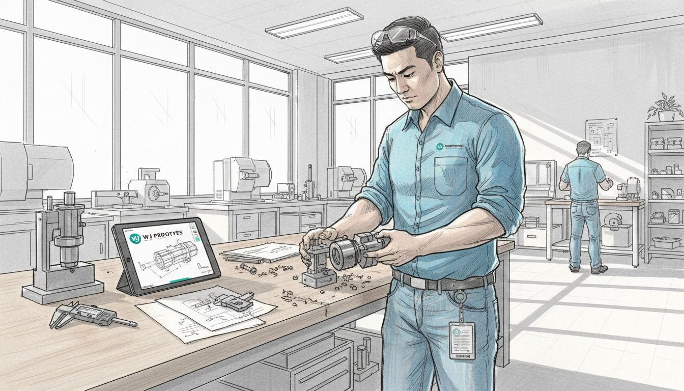 Engineer reviewing metal prototype in workshop