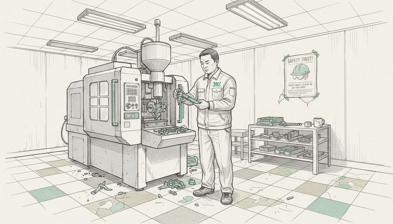 Technician inspecting molded part on factory floor