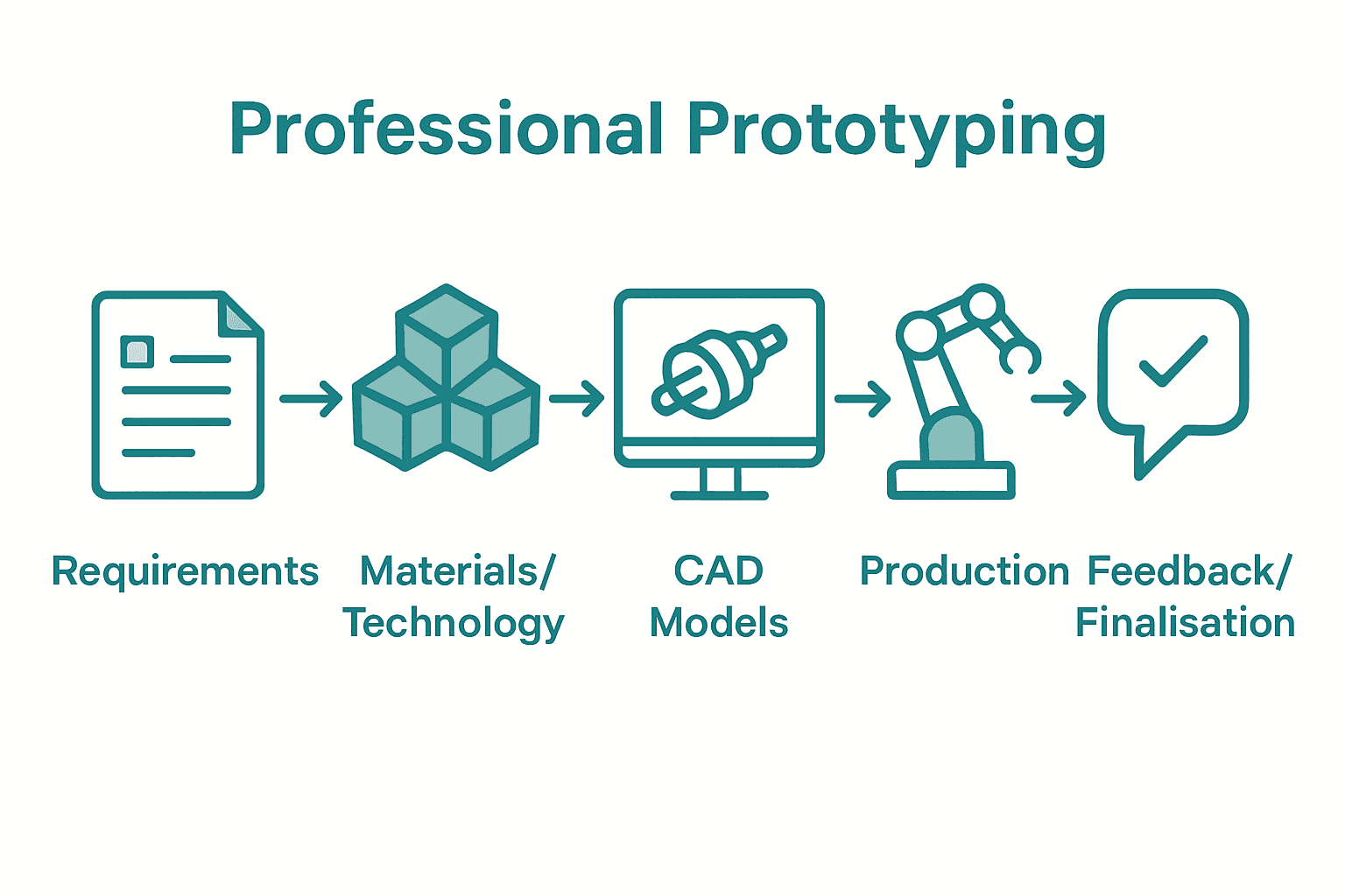 Six step prototyping process visualized with icons and arrows.