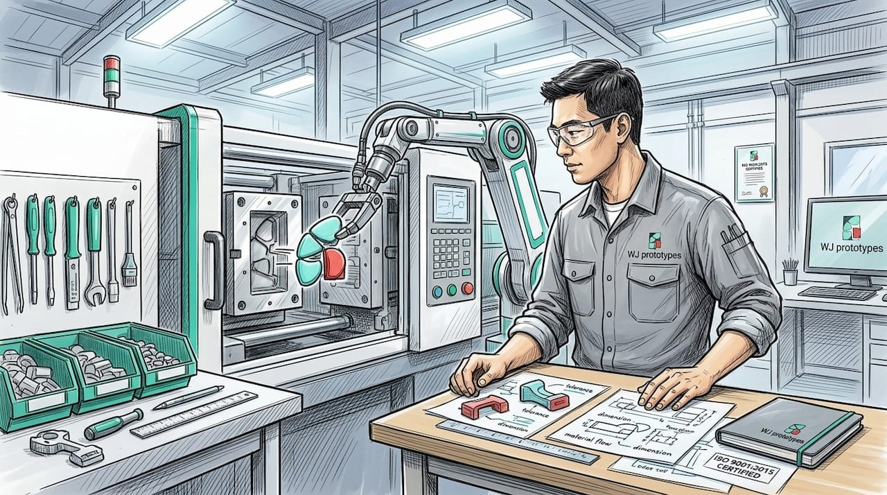 Engineer observing overmolding on factory floor