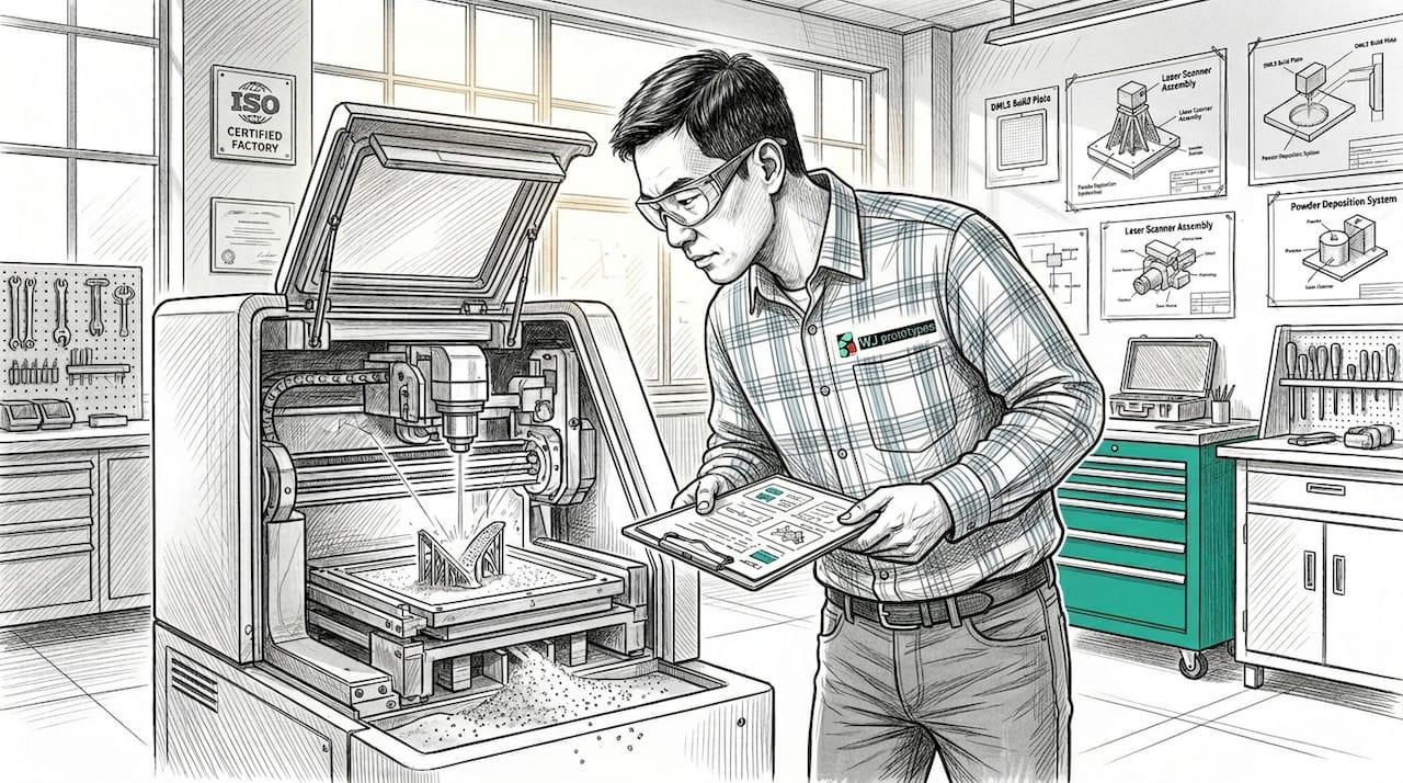 Engineer inspecting DMLS 3D printer in lab