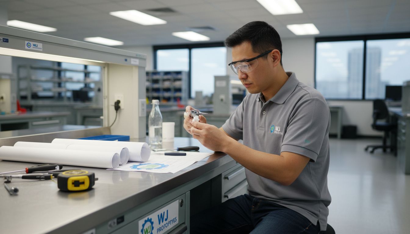 Engineer assembling prototype in industrial lab