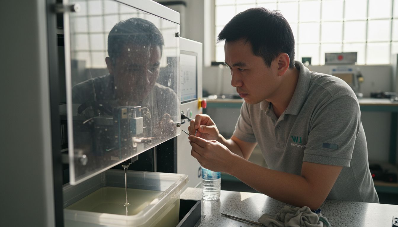 Engineer calibrating SLA 3D printer laser