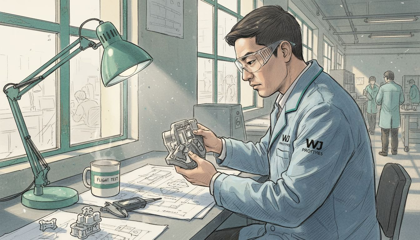 Aerospace engineer inspecting injection molded part
