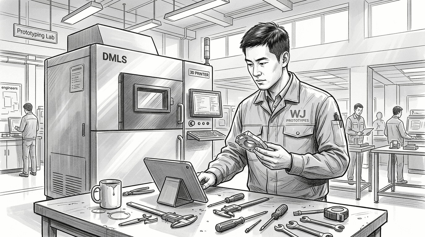 Engineer inspecting DMLS-printed metal part
