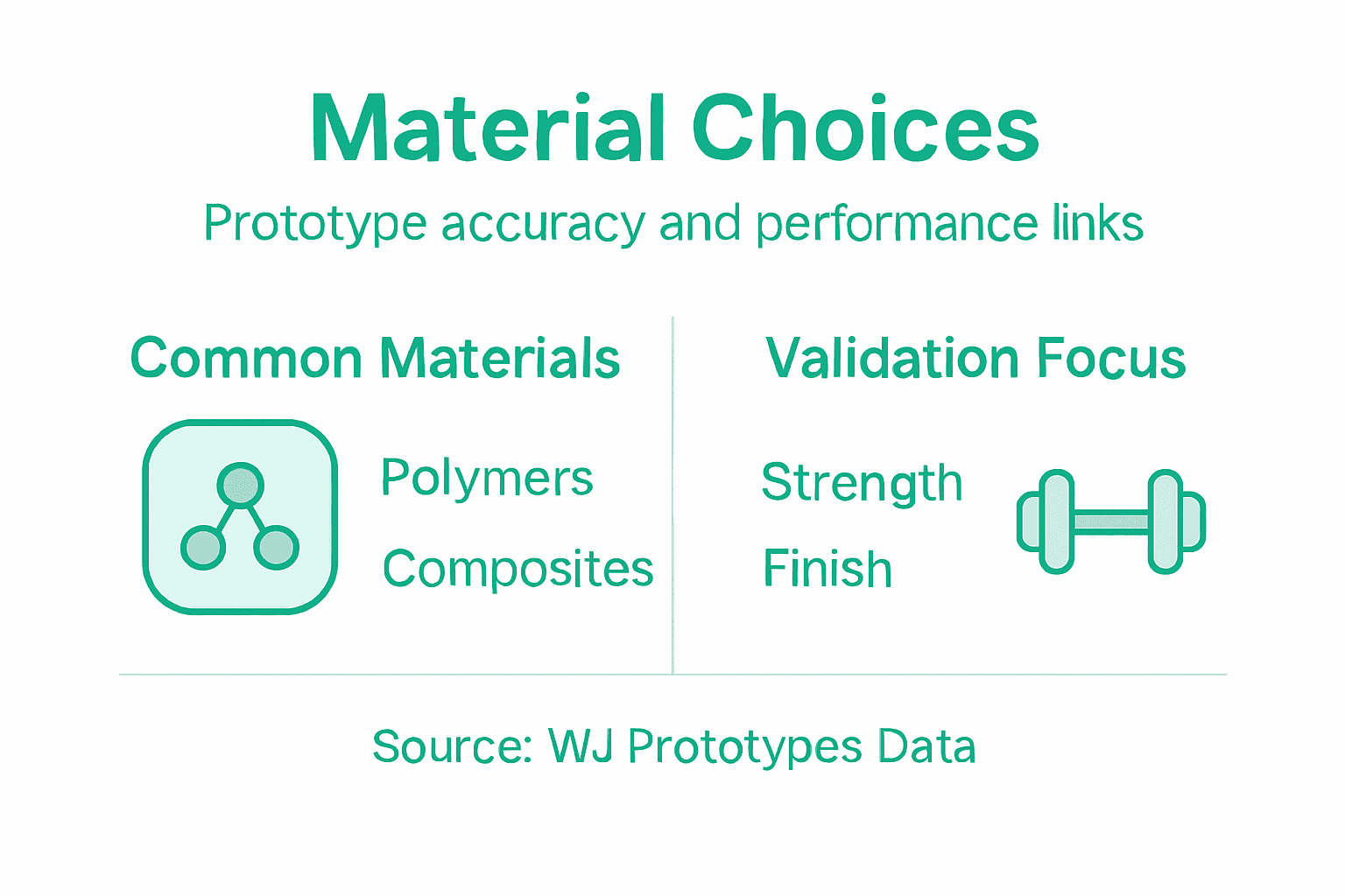 Infographic showing common materials and validation focus