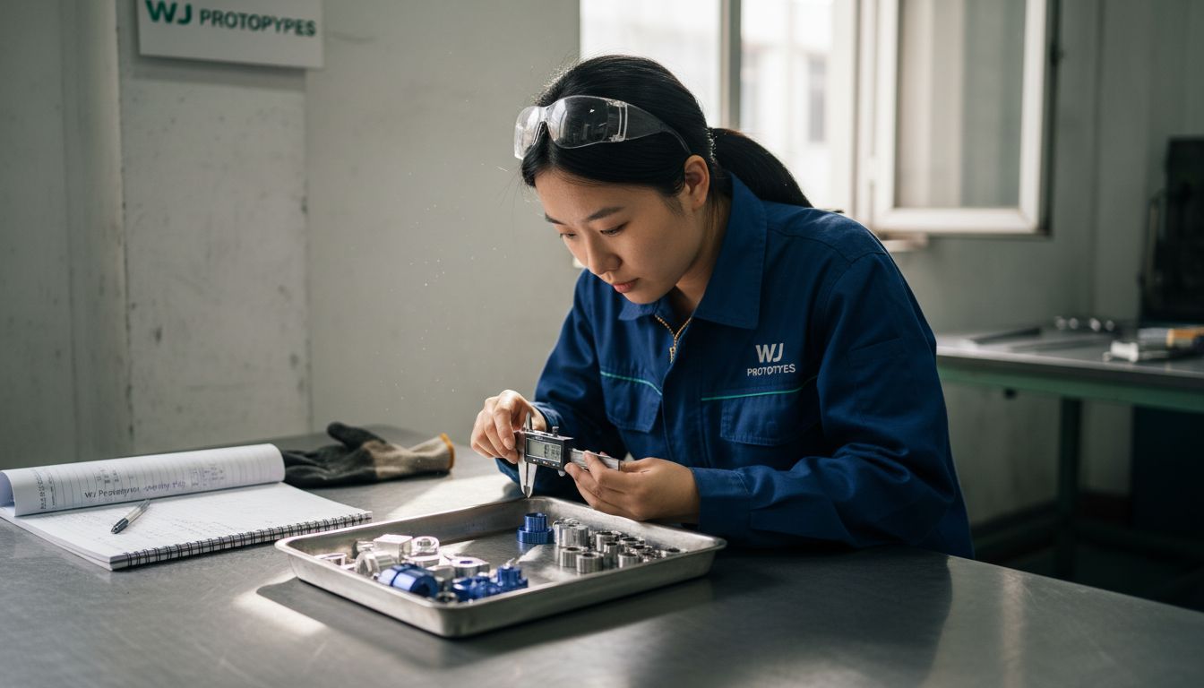 Engineer inspecting metal CNC components