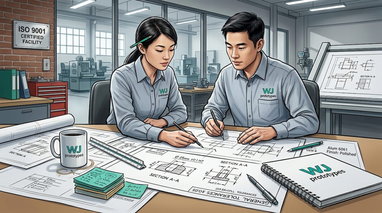 Engineers comparing technical blueprints and notes