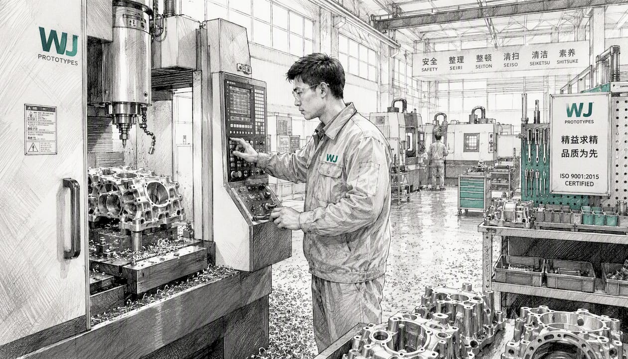 Worker operating CNC milling machine
