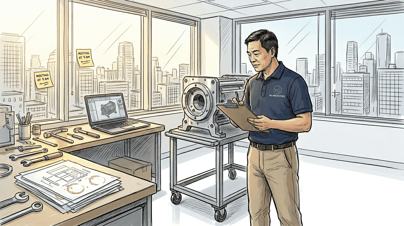 Engineer reviewing prototype in corner office