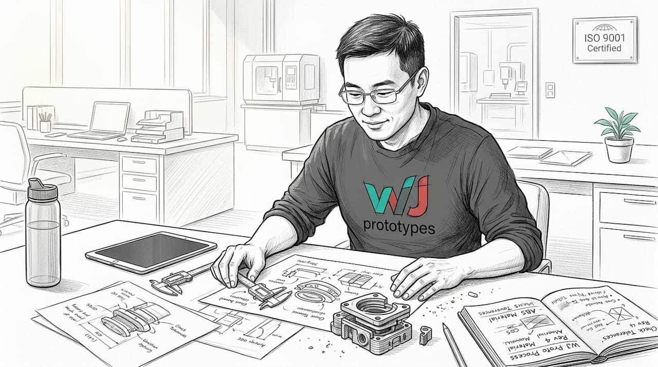 Engineer reviews sketches at cluttered worktable