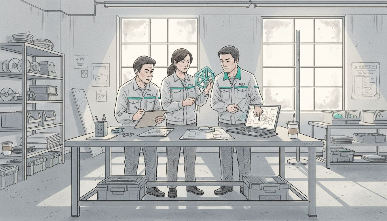 Engineering team reviewing prototype in workshop