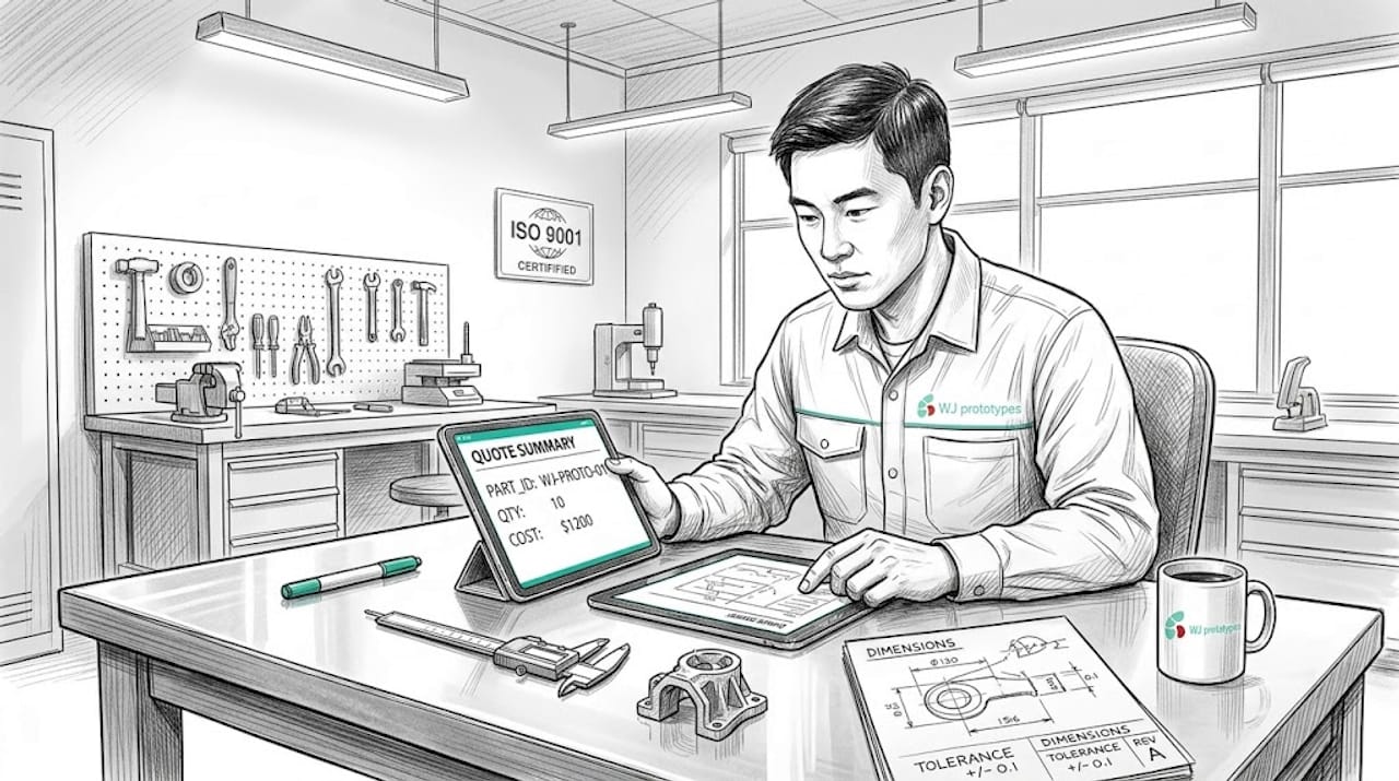 Engineer reviewing digital instant quote in lab