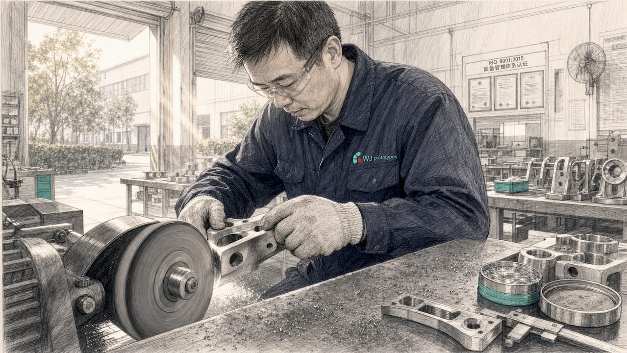 Technician polishing metal part in factory workshop