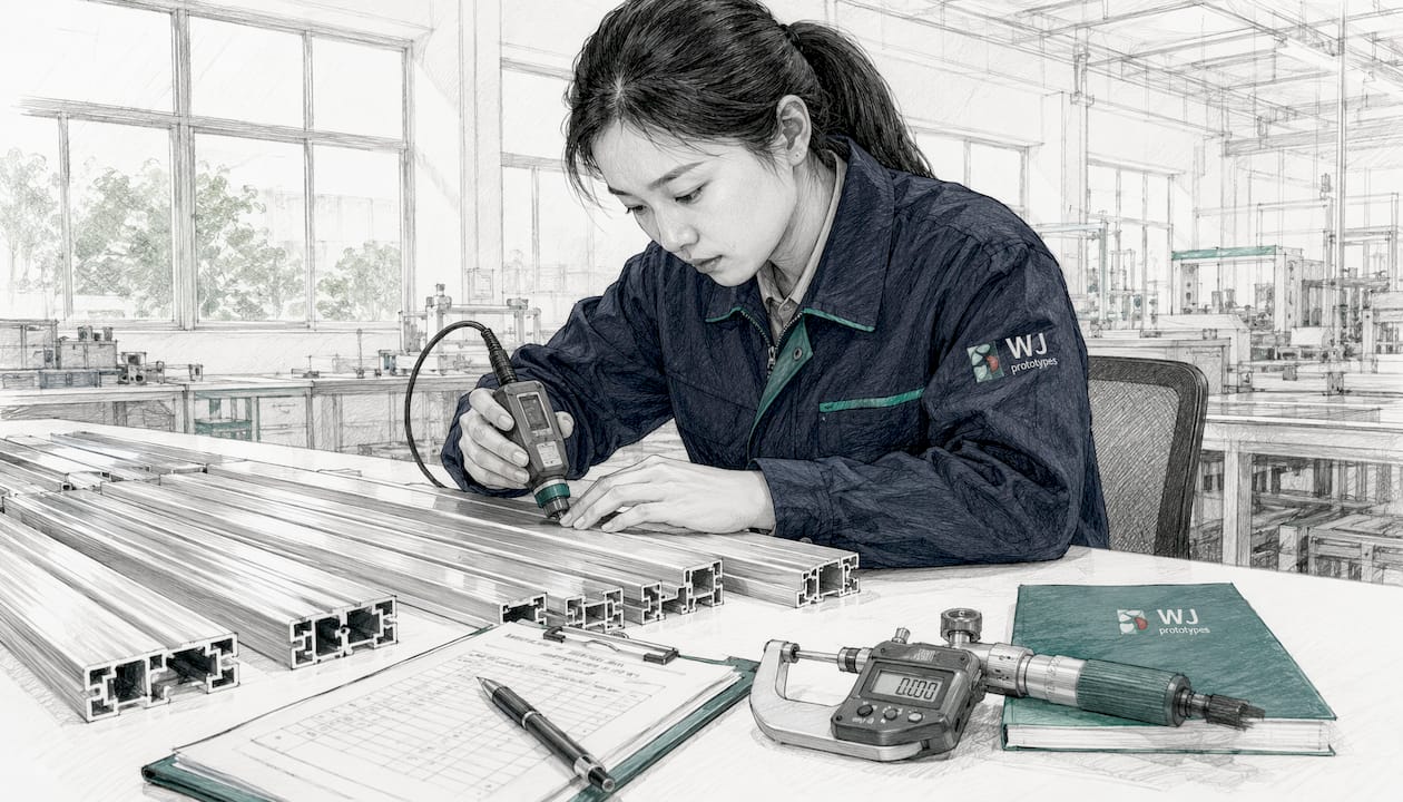 Female engineer inspecting anodized aluminum parts in lab