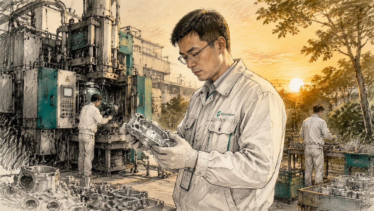 Chinese engineer inspecting aluminum die casting part