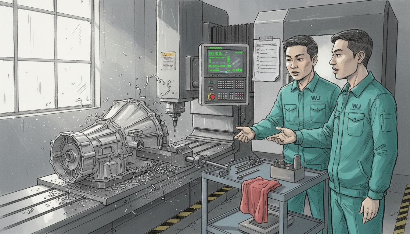 CNC milling machine working on gearbox housing