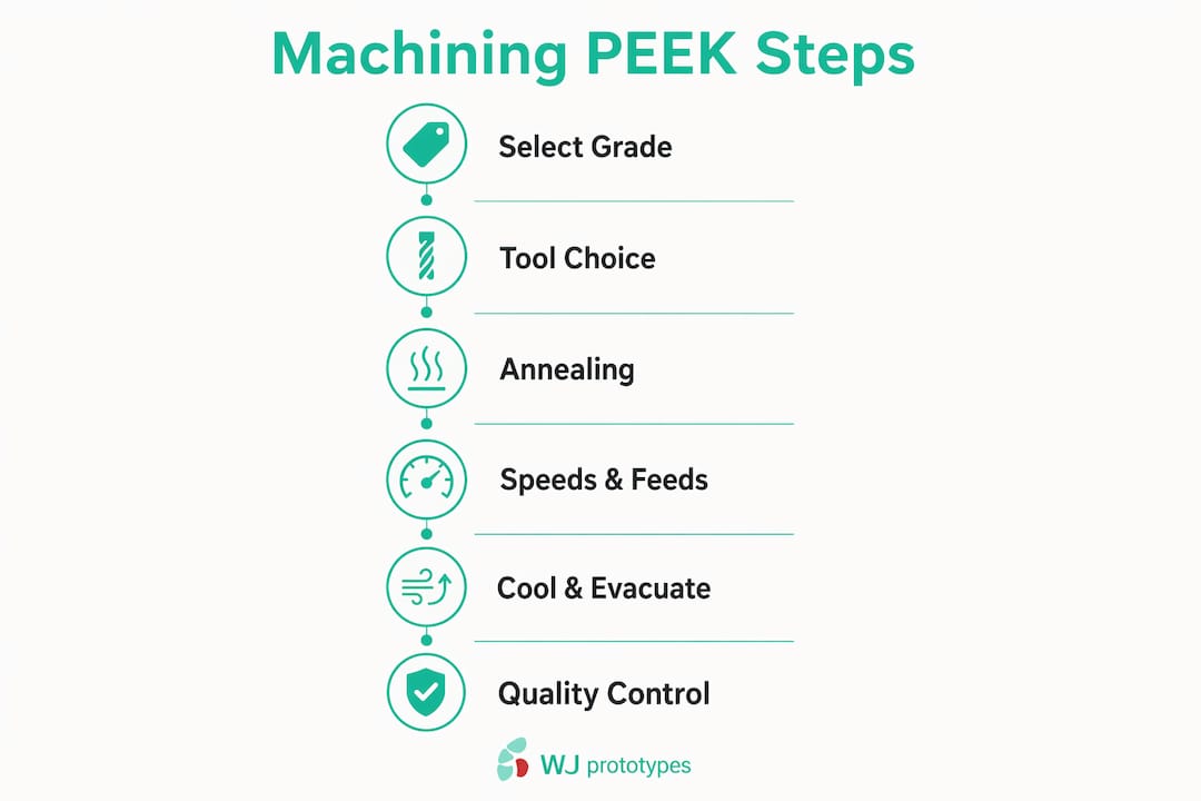 Infographic showing PEEK machining key steps