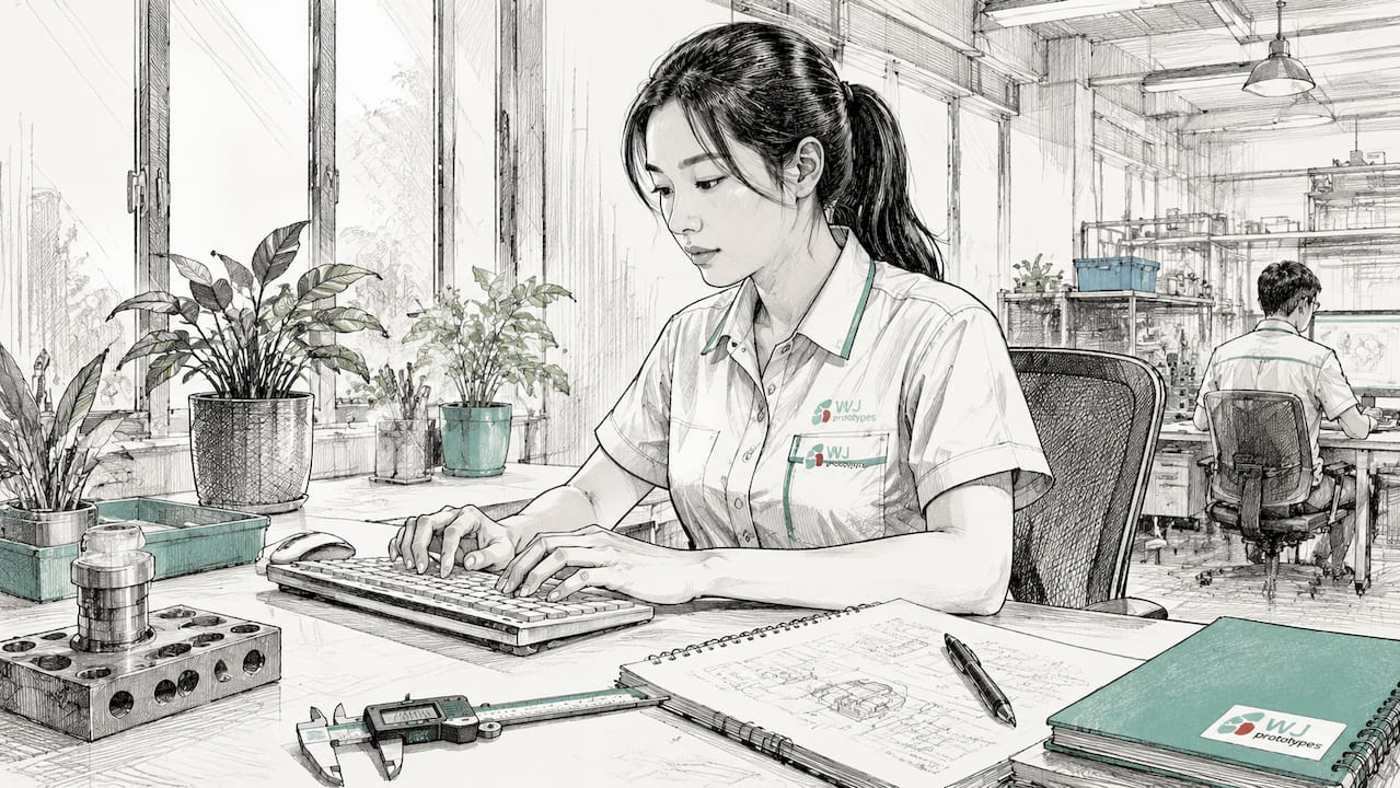 Close-up of Chinese engineer typing at a clean workstation