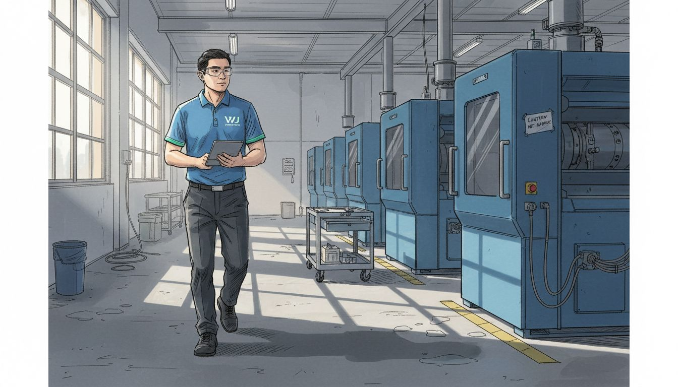 Technician walking in injection molding facility