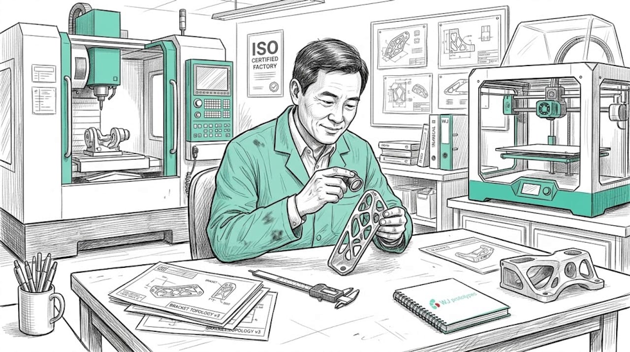 Engineer reviewing complex prototype in lab