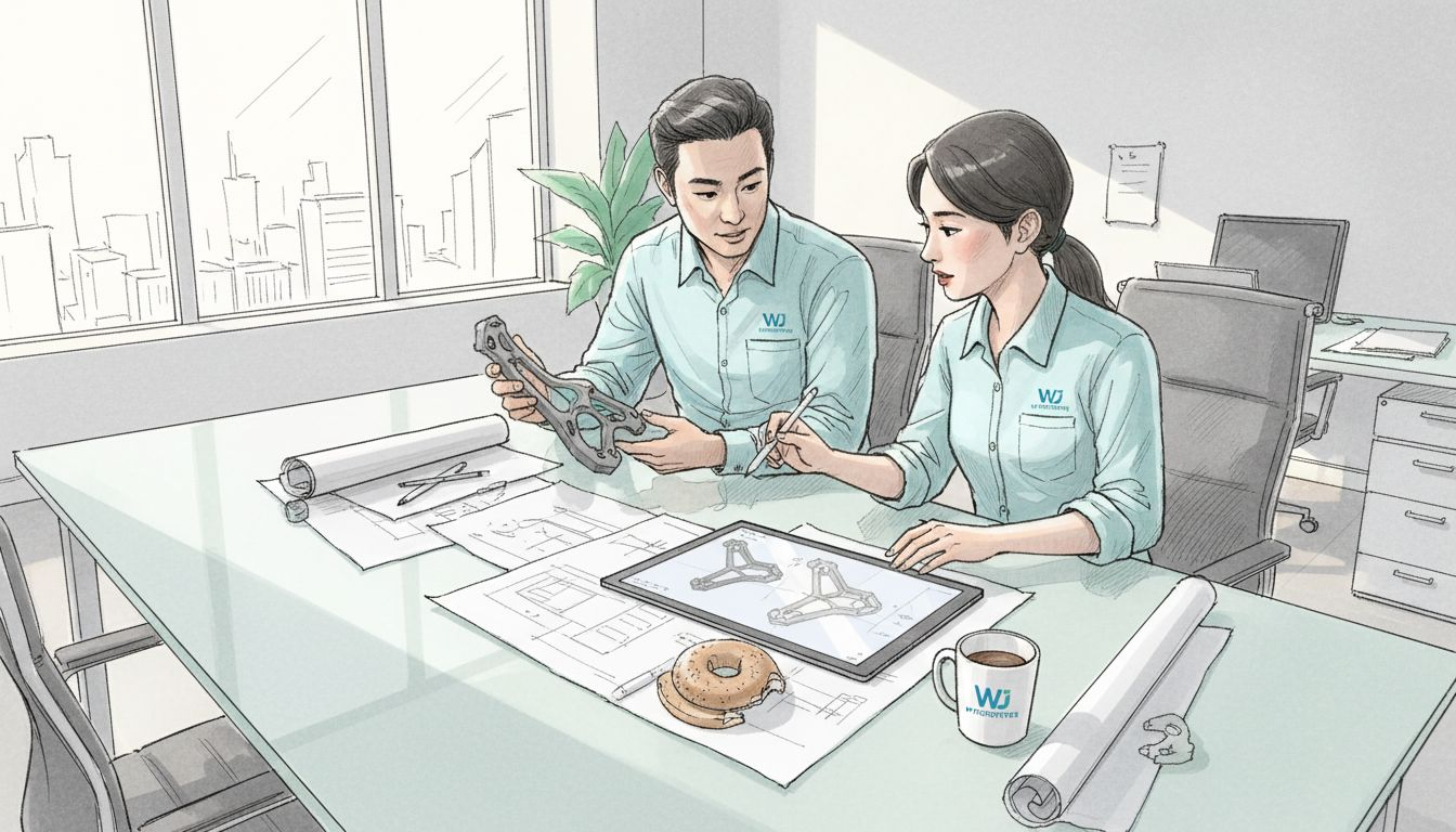 Engineers discuss prototype at design studio table