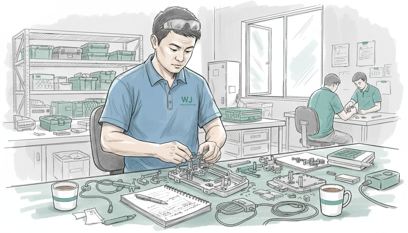 Engineer assembling prototype in workshop setting