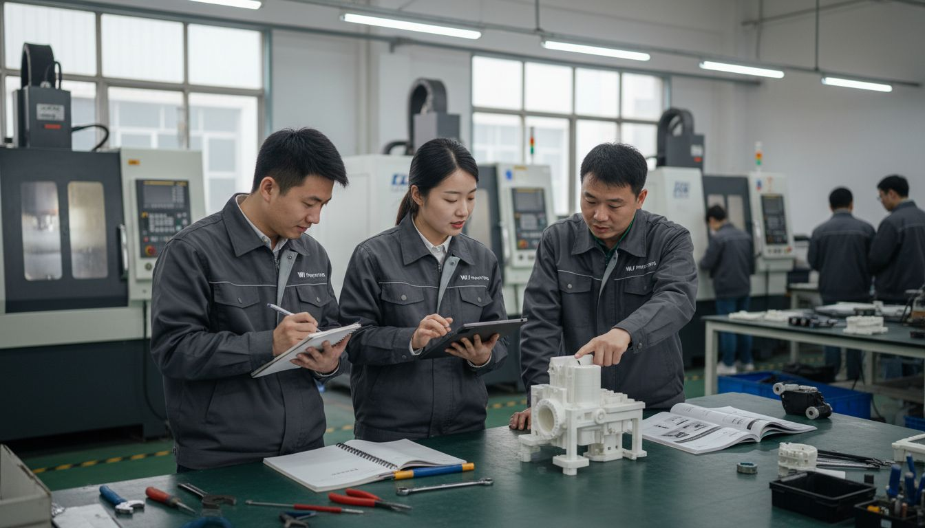 Engineers review prototype in Chinese factory workspace