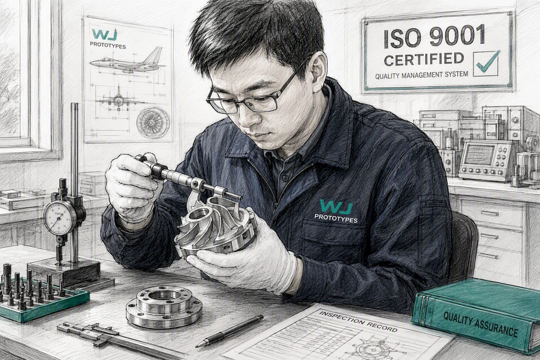 Engineer measuring aerospace part with micrometer